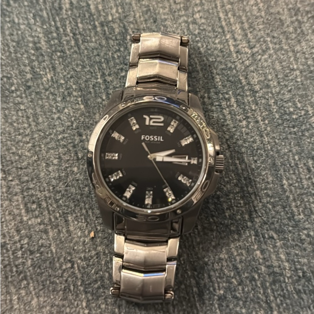 Fossil Black Dial Silver Band Watch